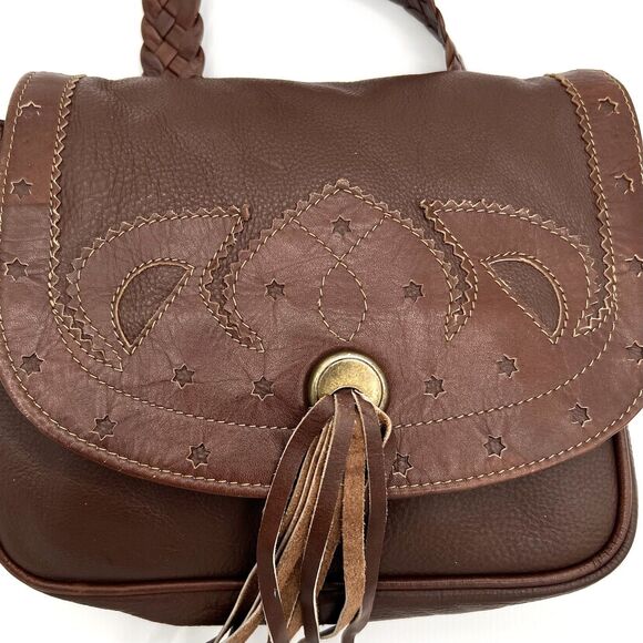 Tribeca Boho Crossbody Bag Leather Chestnut Brown Fringed Made in India - Picture 3 of 16